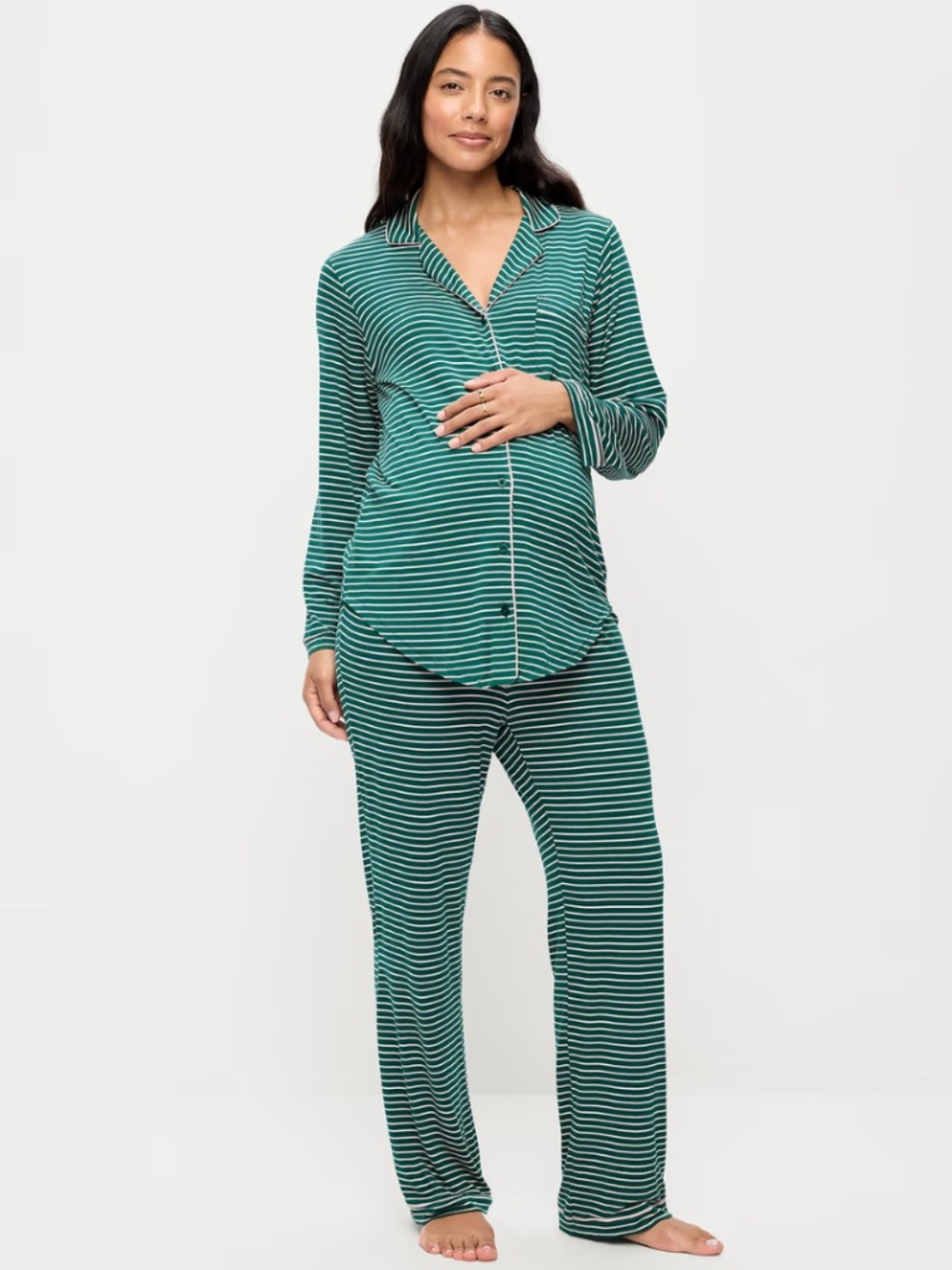 Old Navy Green Striped Maternity Classic Pajama Set